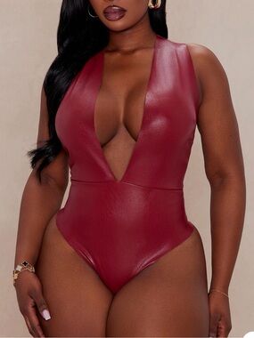 Fashion Nova Faux Leather Bodysuit Deep Burgundy size XL